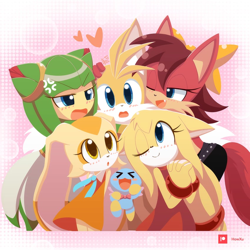 tails, cream the rabbit, neutral chao, cheese, fiona fox, and 2 more (sonic and 3 more) drawn by howxu