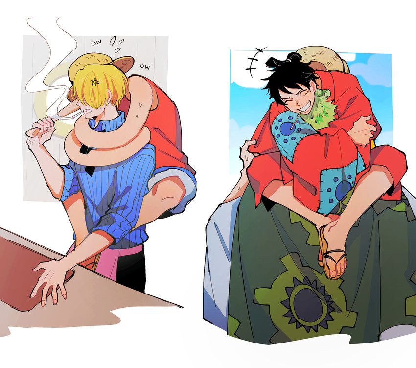 monkey d. luffy, roronoa zoro, and sanji (one piece) drawn by seirorath
