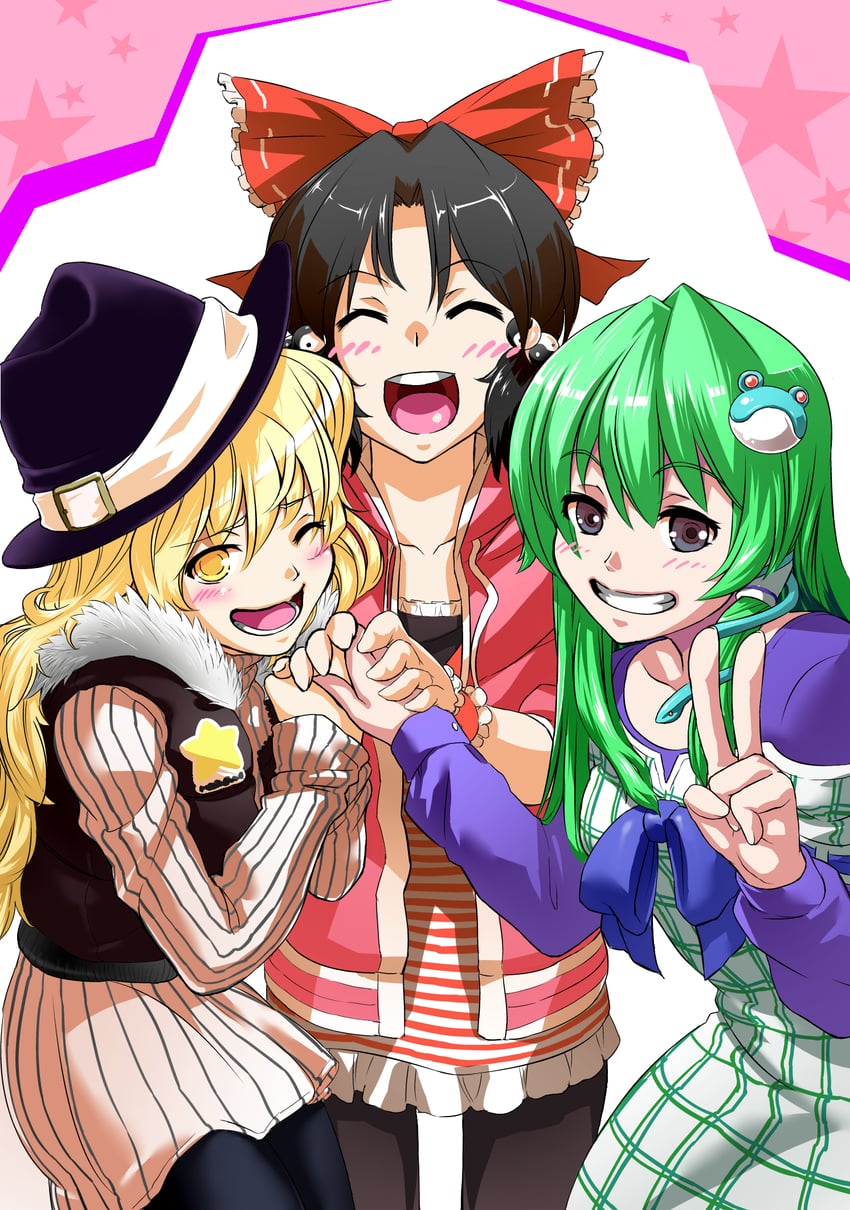 hakurei reimu, kirisame marisa, and kochiya sanae (touhou and 1 more) drawn by iwa-saka