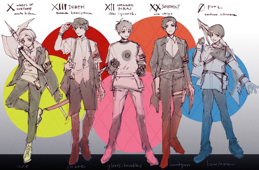 igarashi ikki, ukiyo ace, hiden aruto, kamiyama touma, and ichinose houtarou (persona and 7 more) drawn by chakko_(chromaticafe)