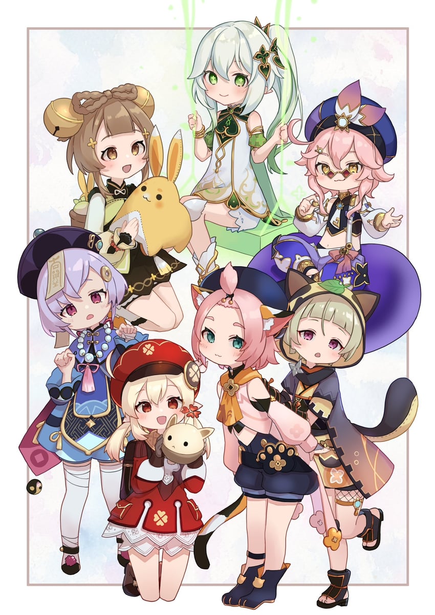 nahida, klee, qiqi, dodoco, jumpy dumpty, and 5 more (genshin impact) drawn by yu_ri_0320