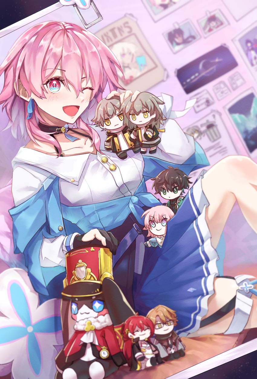 trailblazer, stelle, march 7th, caelus, dan heng, and 3 more (honkai and 1 more) drawn by gomattoru