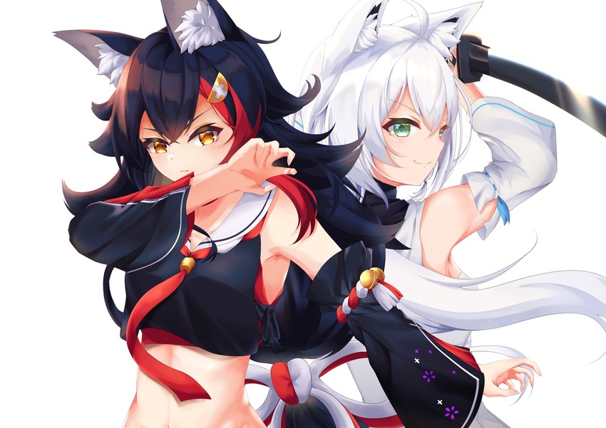 shirakami fubuki and ookami mio (hololive and 1 more) drawn by shiinochi
