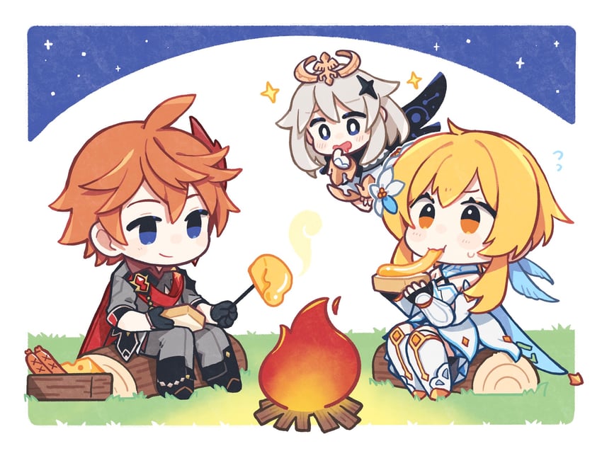 lumine, paimon, and tartaglia (genshin impact) drawn by meshi_(gnsn)