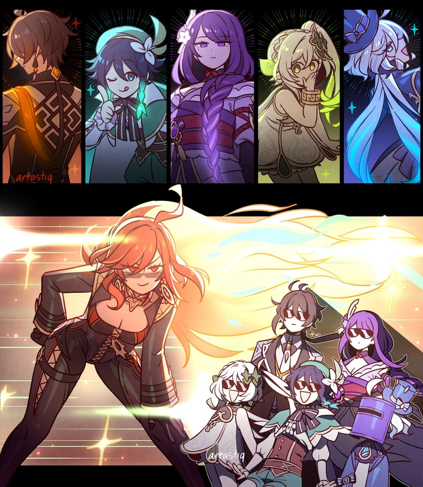 raiden shogun, furina, nahida, zhongli, venti, and 1 more (genshin impact and 1 more) drawn by artastiq