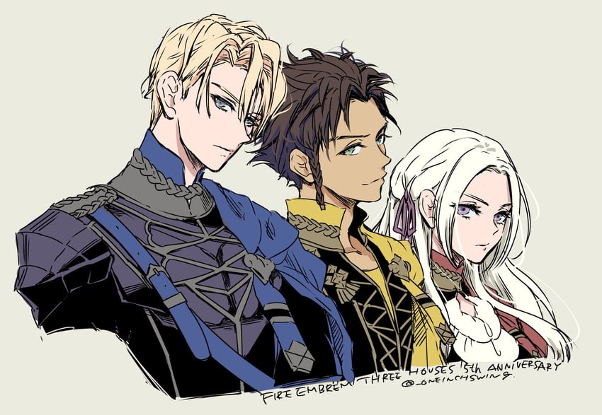 edelgard von hresvelg, dimitri alexandre blaiddyd, and claude von riegan (fire emblem and 1 more) drawn by umi_(_oneinchswing)