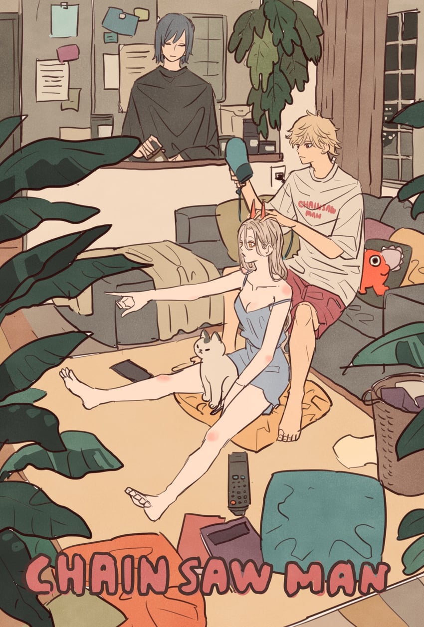 power, denji, hayakawa aki, pochita, and meowy (chainsaw man) drawn by takeuchi_ryousuke