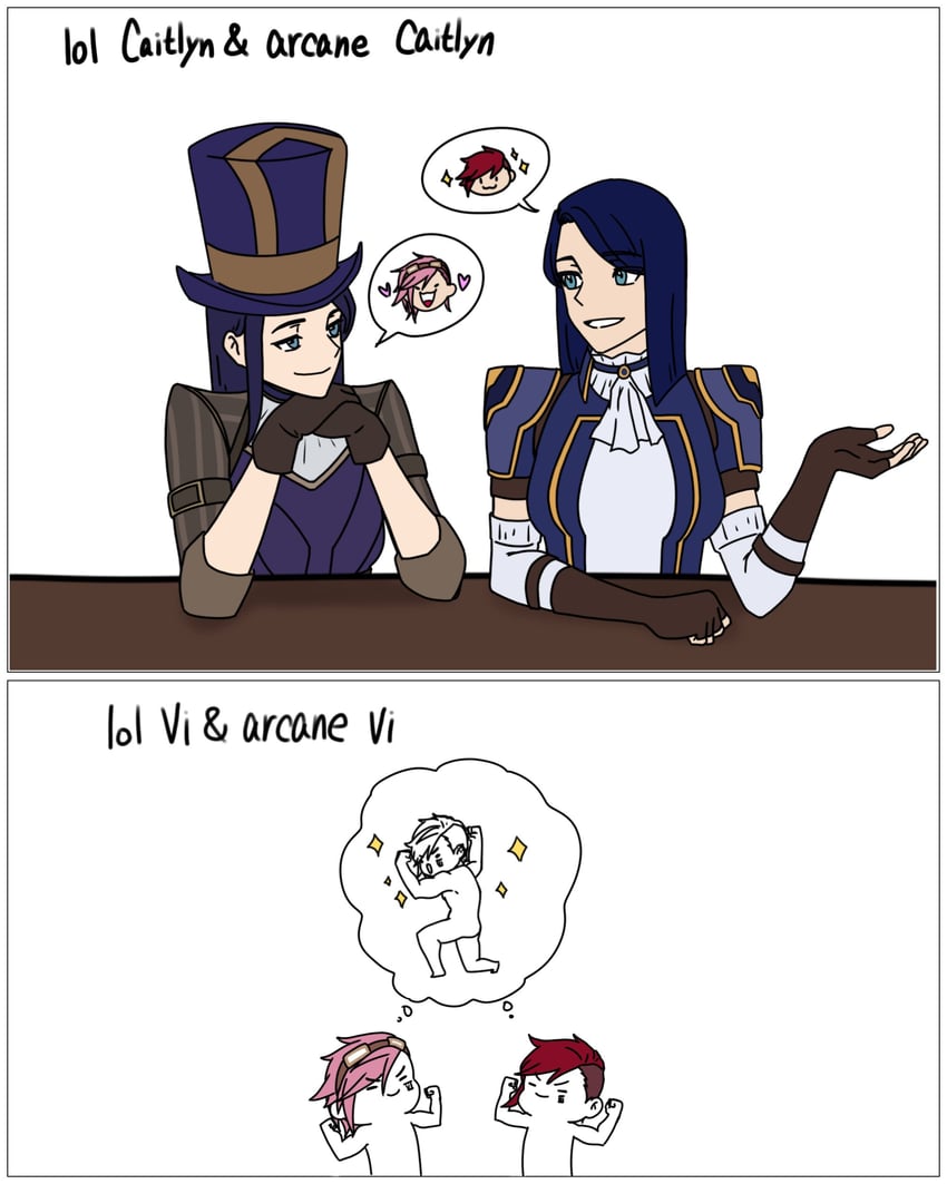 vi, caitlyn, arcane vi, and arcane caitlyn (league of legends and 1 more) drawn by daldalmoon1004