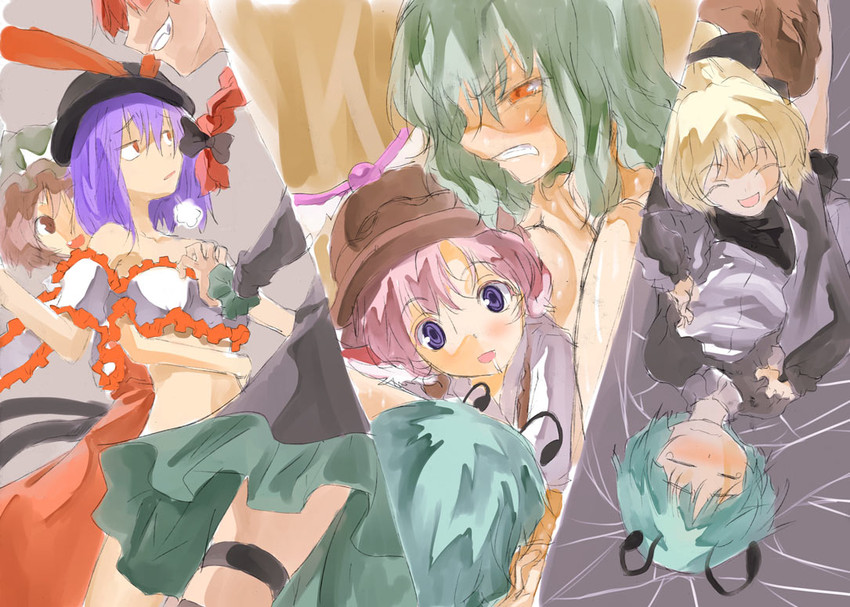 kaenbyou rin, chen, kazami yuuka, mystia lorelei, wriggle nightbug, and 2 more (touhou) drawn by yohane
