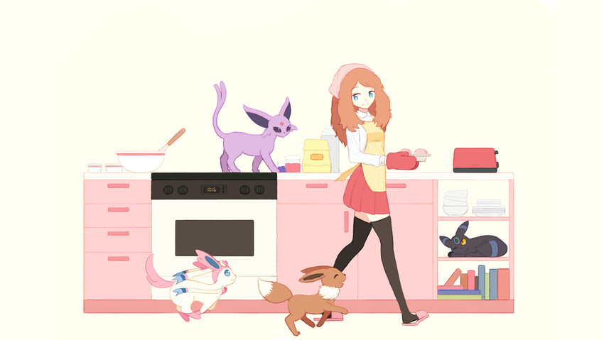 eevee, serena, sylveon, umbreon, and espeon (pokemon and 1 more) drawn by makaroll