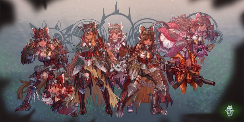 hakurei reimu, ibuki suika, benikurage, kanna, reu, and 4 more (touhou and 3 more) drawn by d_tomoki