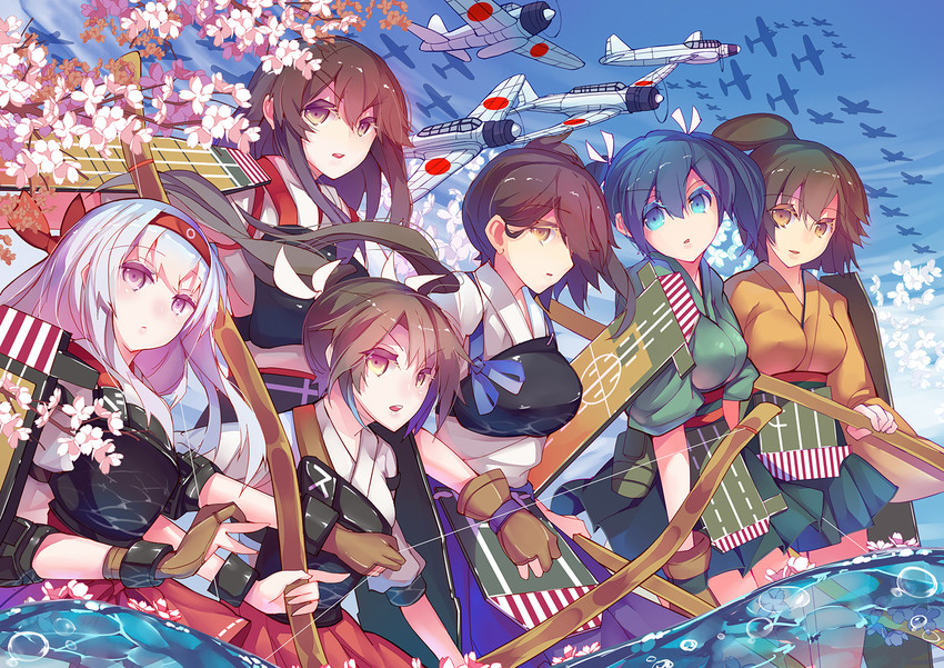 kaga, akagi, zuikaku, shoukaku, souryuu, and 1 more (kantai collection) drawn by rain_lan