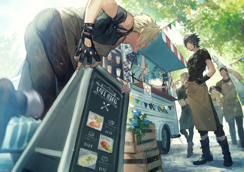 noctis lucis caelum, gladiolus amicitia, prompto argentum, ignis scientia, aranea highwind, and 1 more (final fantasy and 1 more) drawn by p-nekor