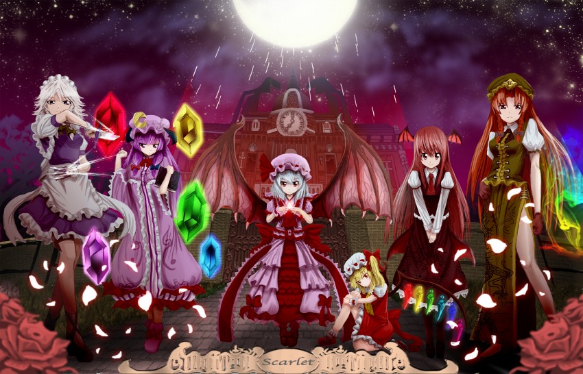 remilia scarlet, flandre scarlet, izayoi sakuya, patchouli knowledge, hong meiling, and 1 more (touhou and 1 more) drawn by aldehyde