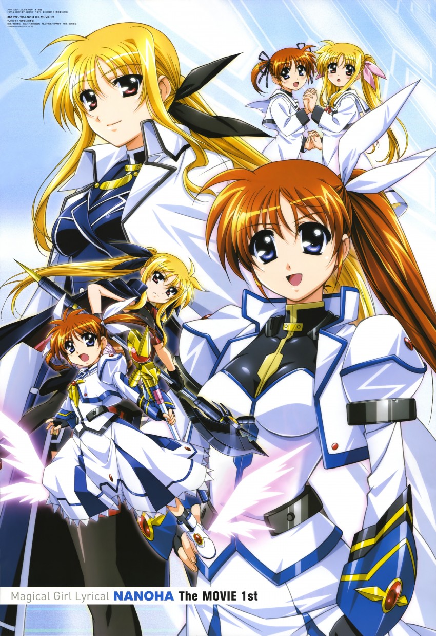 fate testarossa, takamachi nanoha, raising heart, and bardiche (lyrical nanoha and 5 more) drawn by okuda_yasuhiro