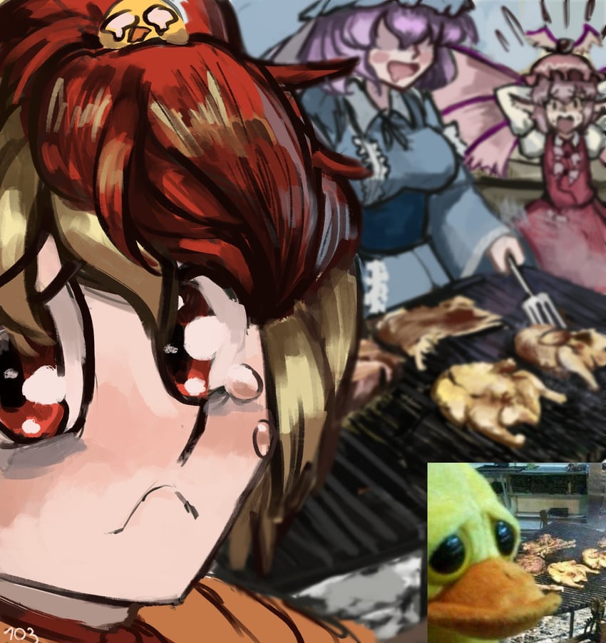 saigyouji yuyuko, mystia lorelei, and niwatari kutaka (touhou) drawn by 103anon