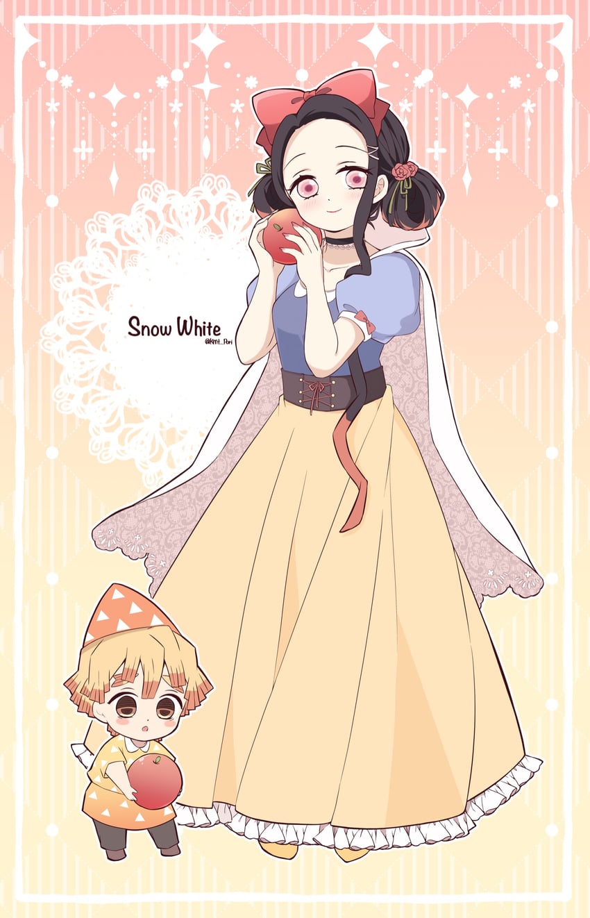 kamado nezuko, agatsuma zenitsu, and snow white (kimetsu no yaiba and 1 more) drawn by pori_(kmt_pori)