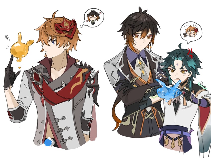 zhongli, tartaglia, xiao, and seelie (genshin impact) drawn by gyoju_(only_arme_nim)