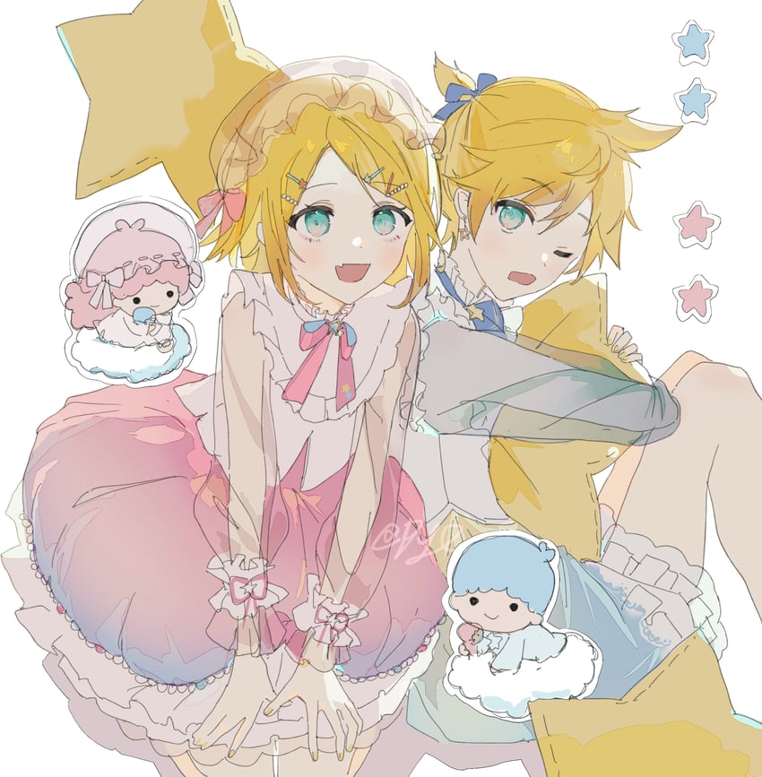 kagamine rin, kagamine len, lala, and kiki (vocaloid and 2 more) drawn by pye_yyy