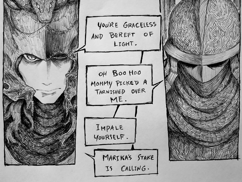 tarnished and messmer the impaler (elden ring and 1 more) drawn by chronozbergh