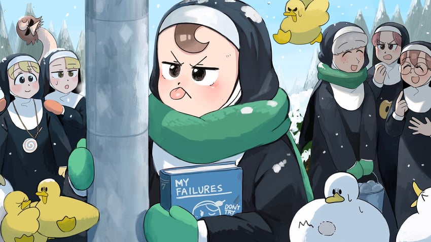 clumsy nun, froggy nun, spicy nun, sheep nun, glasses nun, and 1 more (little nuns) drawn by diva_(hyxpk)