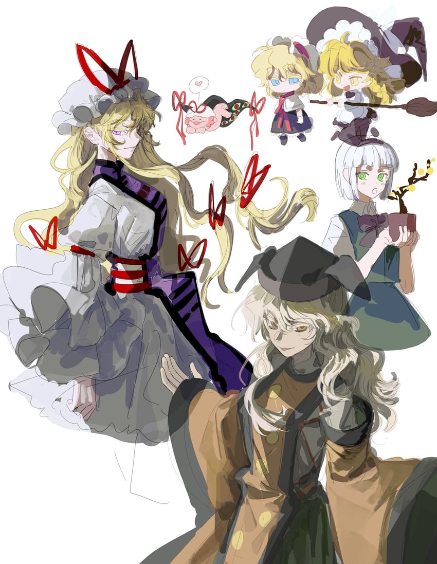kirisame marisa, konpaku youmu, alice margatroid, yakumo yukari, and matara okina (touhou) drawn by xian_qishui
