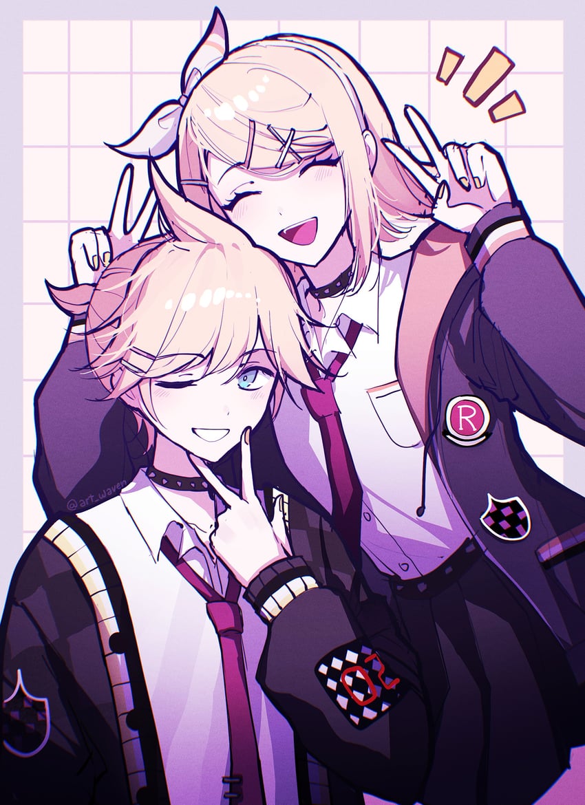 kagamine rin, kagamine len, vivid bad squad len, and vivid bad squad rin (vocaloid and 1 more) drawn by art_waven