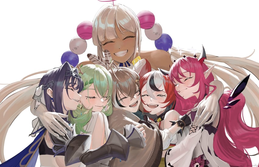 ouro kronii, nanashi mumei, hakos baelz, ceres fauna, irys, and 1 more (hololive and 1 more) drawn by massiveyog