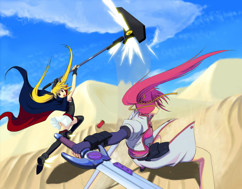 fate testarossa, signum, laevatein, and bardiche (lyrical nanoha and 2 more) drawn by elk115