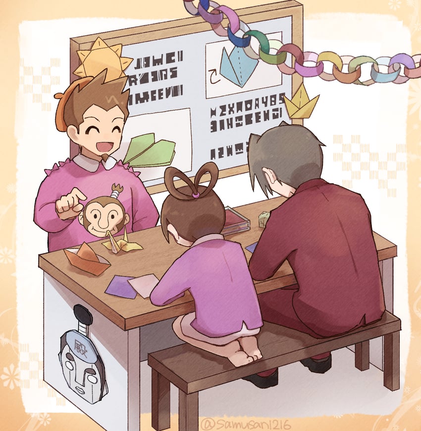 miles edgeworth, pearl fey, larry butz, and steel samurai (ace attorney) drawn by samusan100
