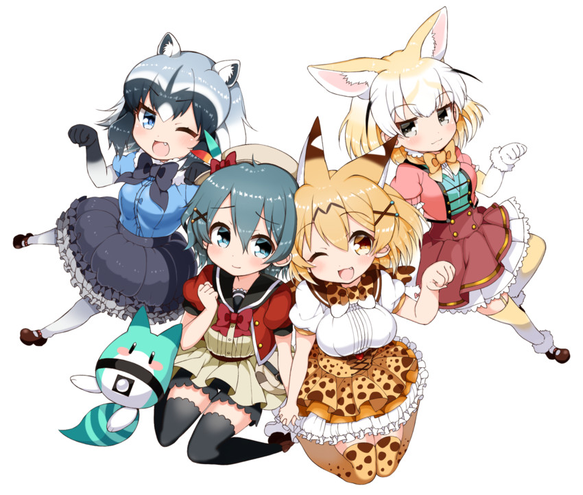 serval, kaban, common raccoon, fennec, and lucky beast (kemono friends) drawn by arato_asato