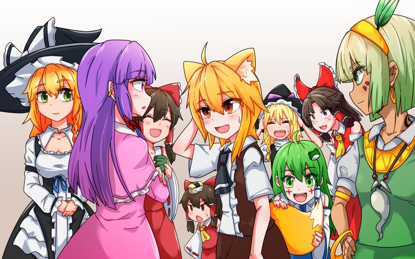 kirisame marisa, kochiya sanae, patchouli knowledge, benikurage, uzuki, and 7 more (touhou and 1 more) drawn by yan_pai