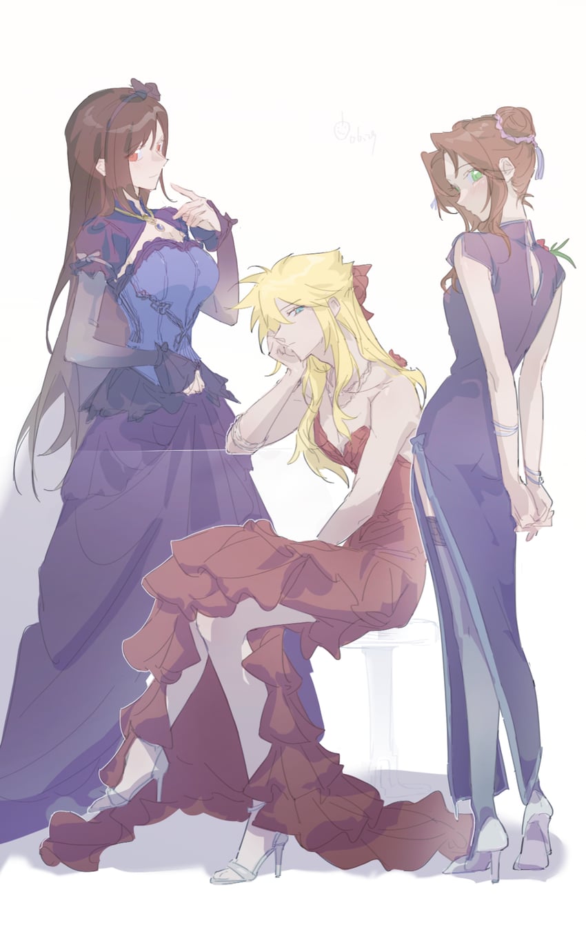 tifa lockhart, cloud strife, and aerith gainsborough (final fantasy and 2 more) drawn by lily_(shio1006)