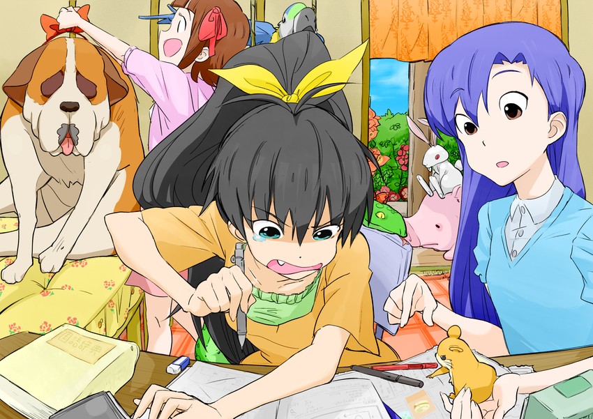 kisaragi chihaya, amami haruka, ganaha hibiki, hamuzou, and inumi (idolmaster) drawn by yassaba