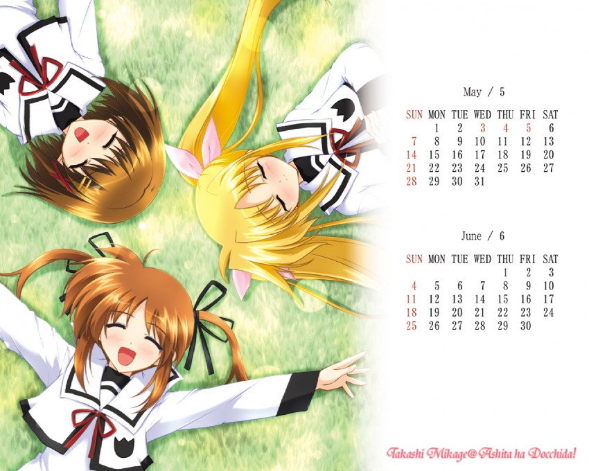 fate testarossa, takamachi nanoha, and yagami hayate (lyrical nanoha and 2 more) drawn by mikage_takashi