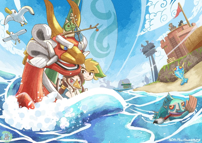 link, toon link, korok, medli, the king of red lions, and 5 more (the legend of zelda and 1 more) drawn by morry_kakaka