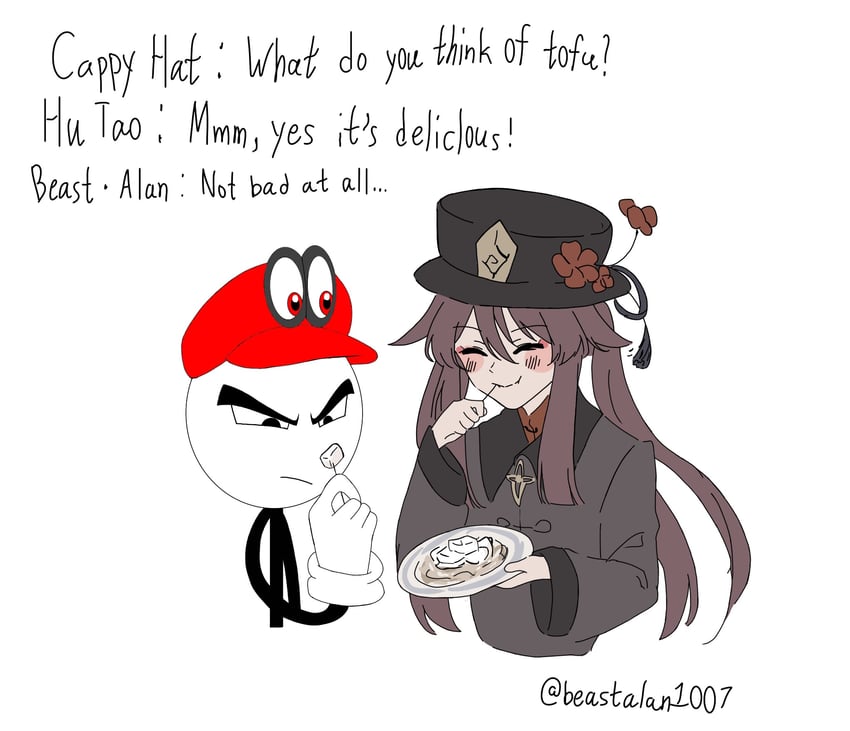 hu tao and cappy (genshin impact and 2 more) drawn by beastalan1007
