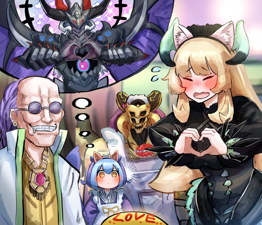 laundry dragonmaid, chamber dragonmaid, eldlich the golden lord, chaos ruler the chaotic magical dragon, and magical scientist (yu-gi-oh!) drawn by hatano_kiyoshi