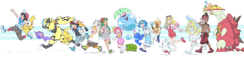 pikachu, lillie, ash ketchum, eevee, rowlet, and 13 more (pokemon and 2 more) drawn by yasuda_shuuhei