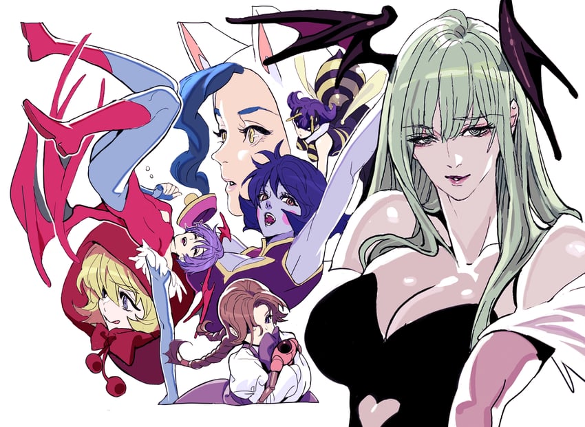 morrigan aensland, lilith, felicia, hsien-ko, b.b. hood, and 1 more (darkstalkers) drawn by nobita_(makoto7060355)