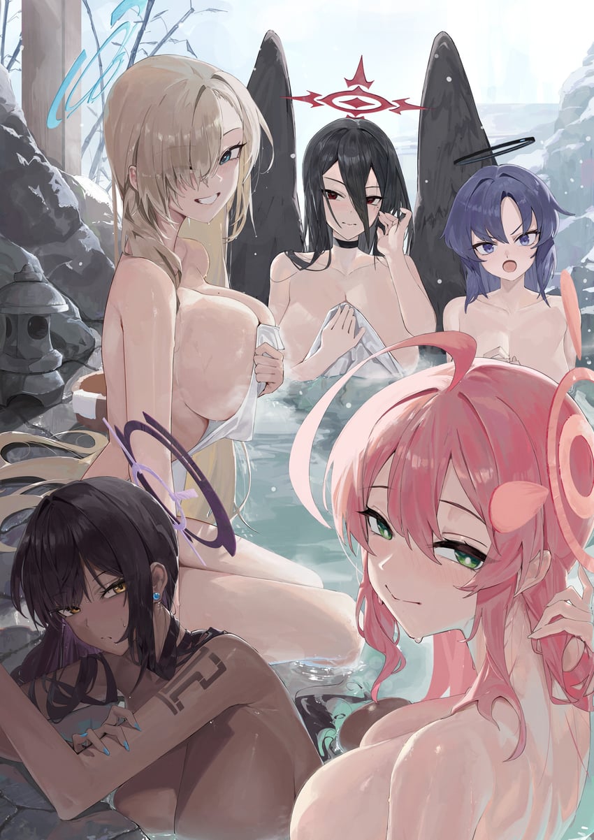 yuuka, asuna, karin, hanako, and hasumi (blue archive) drawn by lemoneko