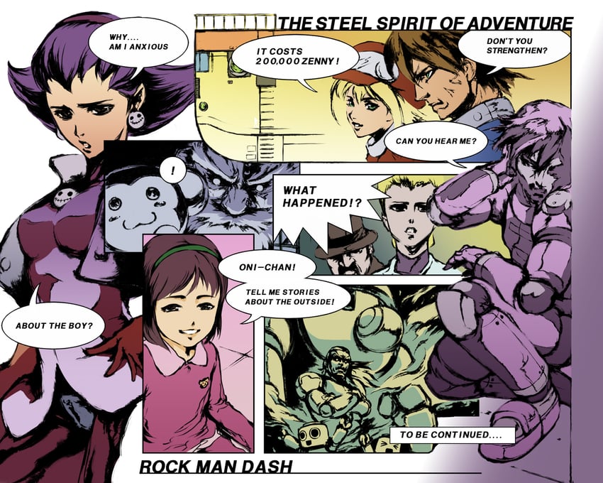 tron bonne, roll caskett, servbot, mega man volnutt, data, and 3 more (mega man and 3 more) drawn by mayata