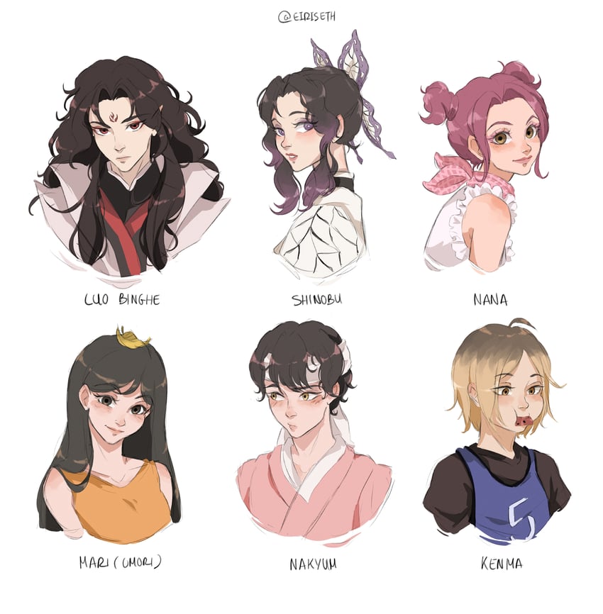 kochou shinobu, mari, kozume kenma, luo binghe, komatsu nana, and 1 more (kimetsu no yaiba and 5 more) drawn by eiriseth