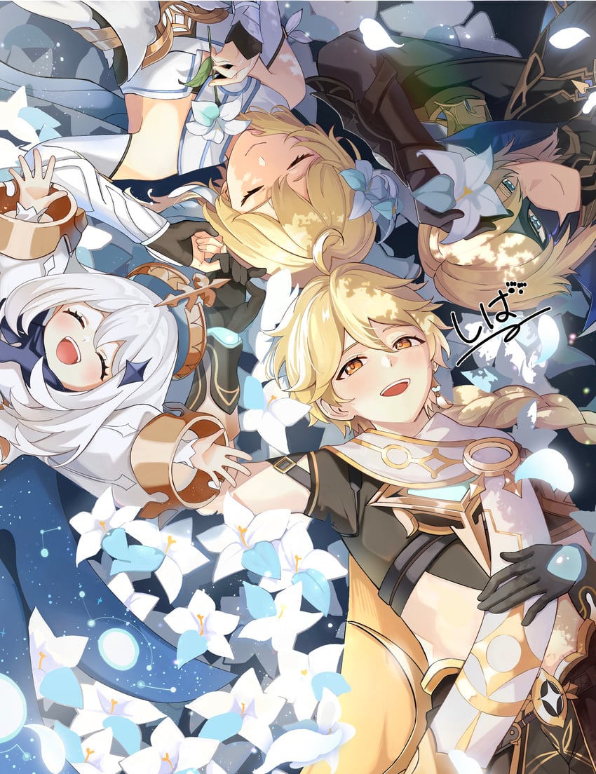 lumine, aether, paimon, and dainsleif (genshin impact) drawn by shiba_(tonari_no_shiba_inu)