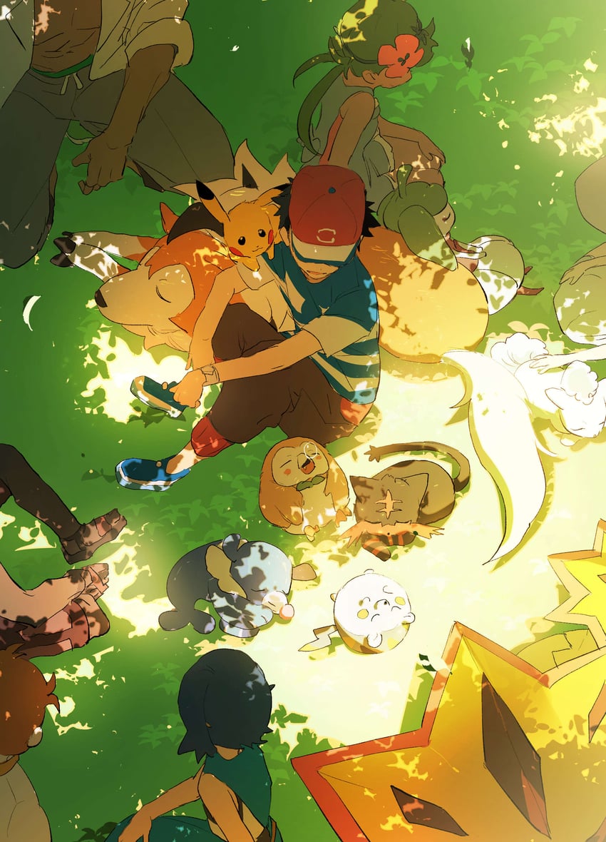 pikachu, lillie, ash ketchum, rowlet, lana, and 11 more (pokemon and 1 more) drawn by sangrokei