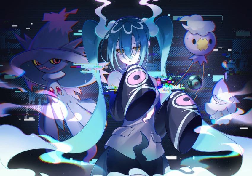 hatsune miku, litwick, drifloon, mismagius, and ghost miku (pokemon and 2 more) drawn by kanvien