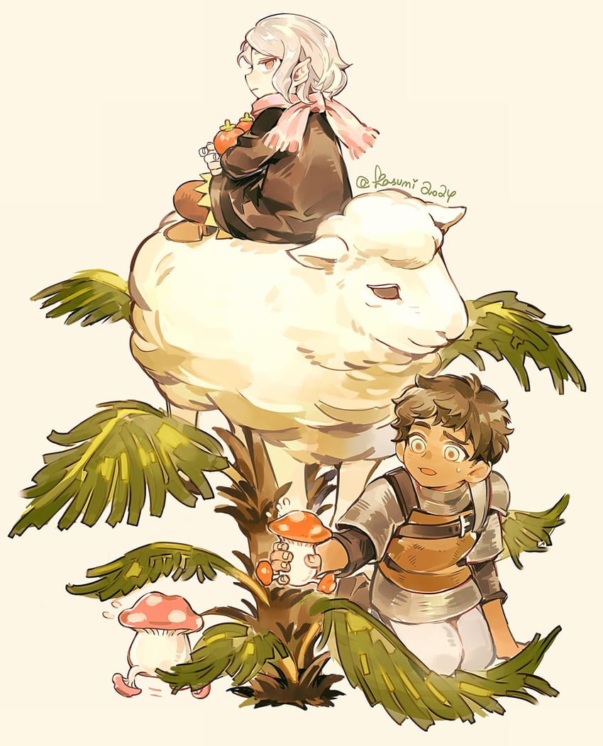 mithrun, kabru, walking mushroom, and barometz (dungeon meshi) drawn by kasumi007