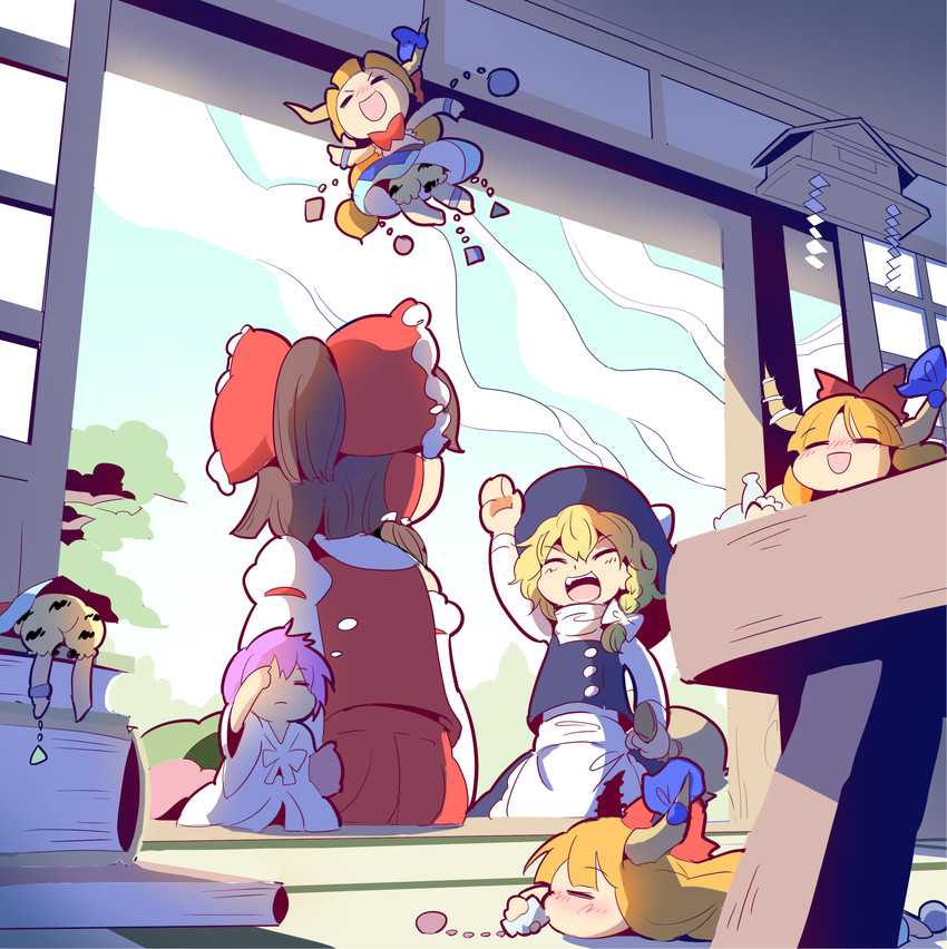 hakurei reimu, kirisame marisa, ibuki suika, and sukuna shinmyoumaru (touhou) drawn by moyazou_(kitaguni_moyashi_seizoujo)