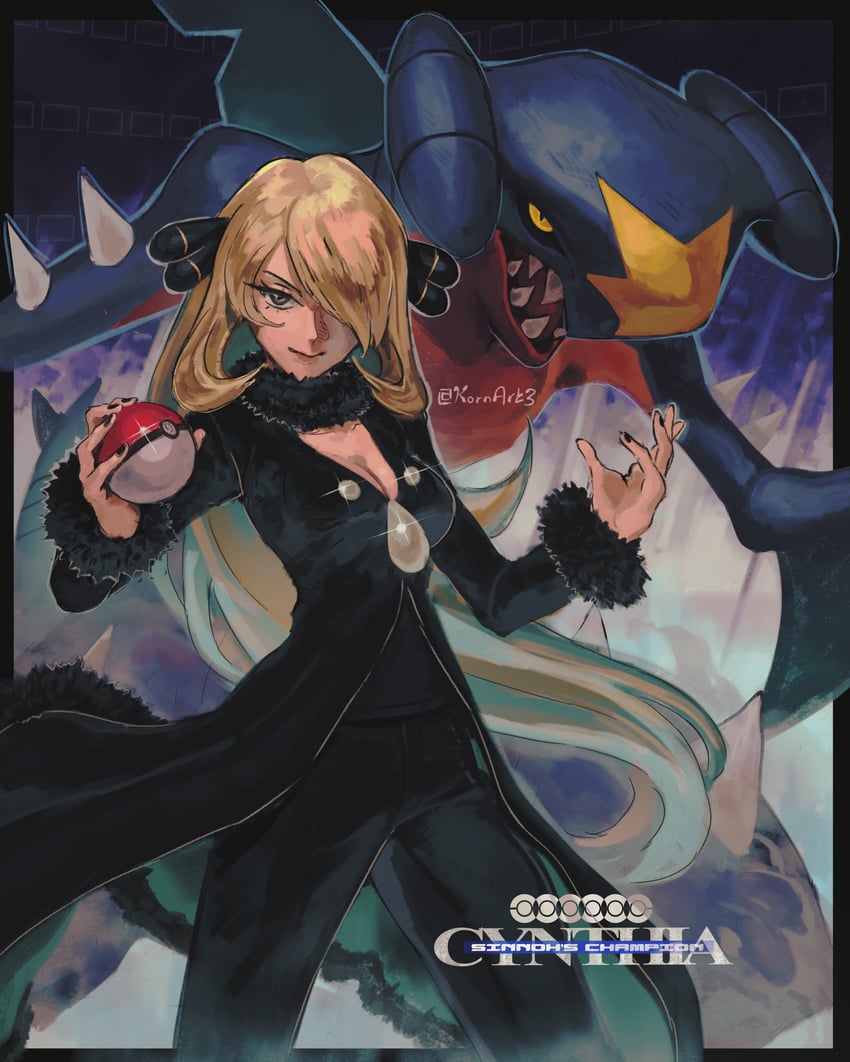 cynthia and garchomp (pokemon and 1 more) drawn by kornart