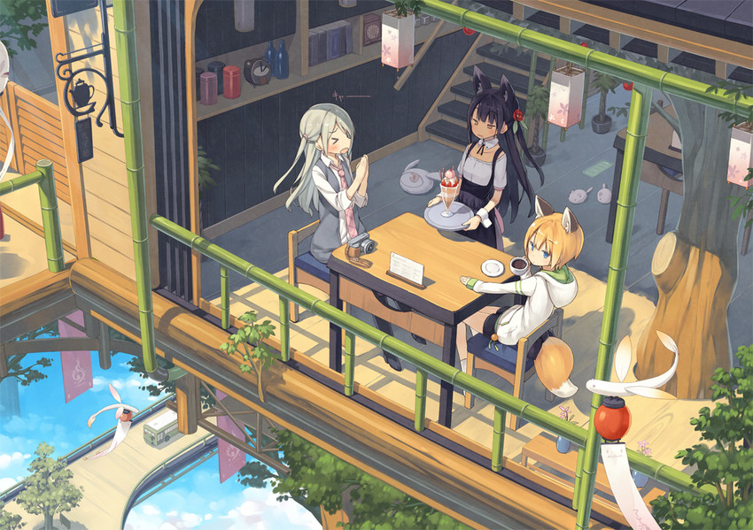 shiratama kitsune, kuromitsu nene, and yukimi (original) drawn by poco_(asahi_age)
